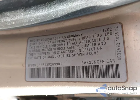 2003 Volkswagen Passat Gls from USA, damaged, VIN WVWPD63B13P269381